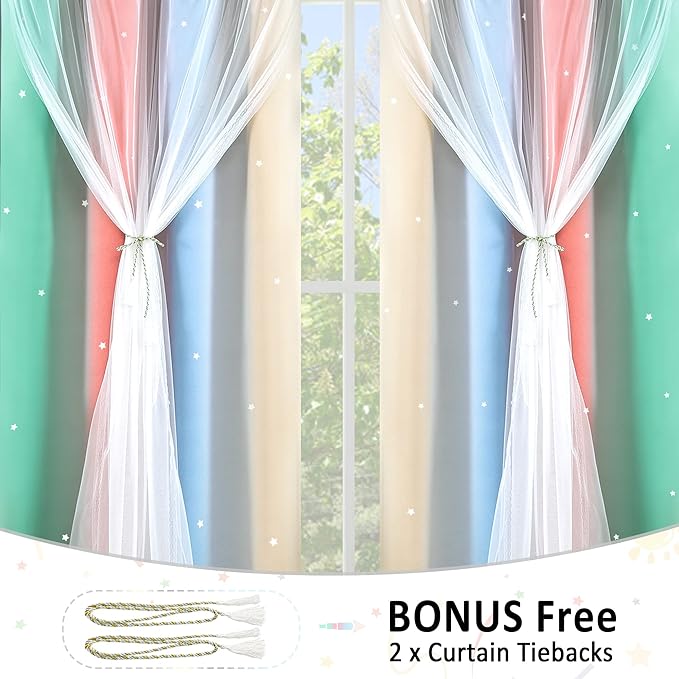 Kinryb Nursery/Kids/Girls Room Star Cut Out Blackout Rainbow Curtain with Sheer Overlay 2 Panels, Each 52 inch Wide,45 inch Length with White Gauze,Ombre Stripe Rainbow Curtains (2 Panels,52x45 Inch)