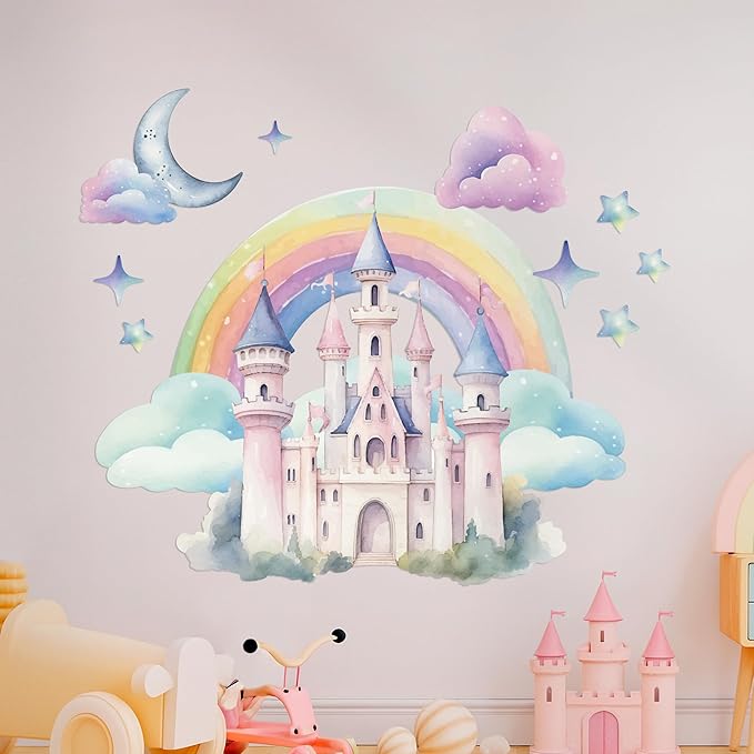 CRYPTONITE Rainbow Wall Decal for Girls Bedroom | Watercolor Castle Vinyl Sticker for Nursery Wall Decor | Cute Stickers for Kids Room, Windows, or Furniture | 3 Sizes (Wide 20" x 18" Height (Small))