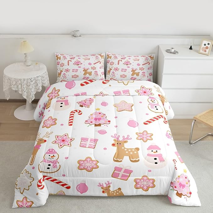 Feelyou Pink Christmas Comforter Set Queen Size Snowman Deer Bedding Set for Kids Boys Girls Snowflake Duvet Quilt Bedroom Decor Microfiber 3 Pcs with 2 Pillow Cases