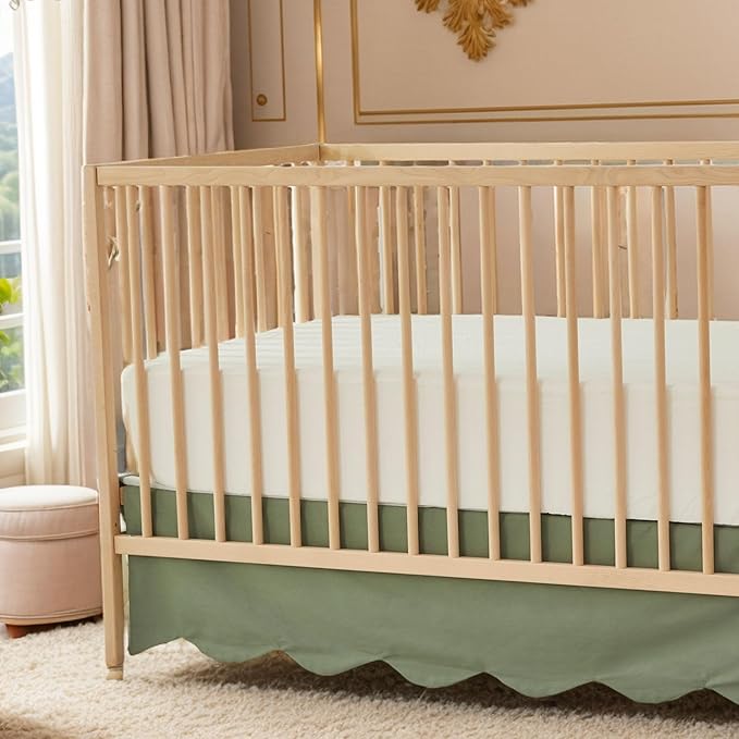 Brandream Scallop Edge Cotton Crib Skirt Toddler Bedskirt Baby Nursery Crib Bed Skirt Boho Bohemian Neutral Solid Color Vintage Sage Green Farmhouse Chic Boho Bohemian Skirt