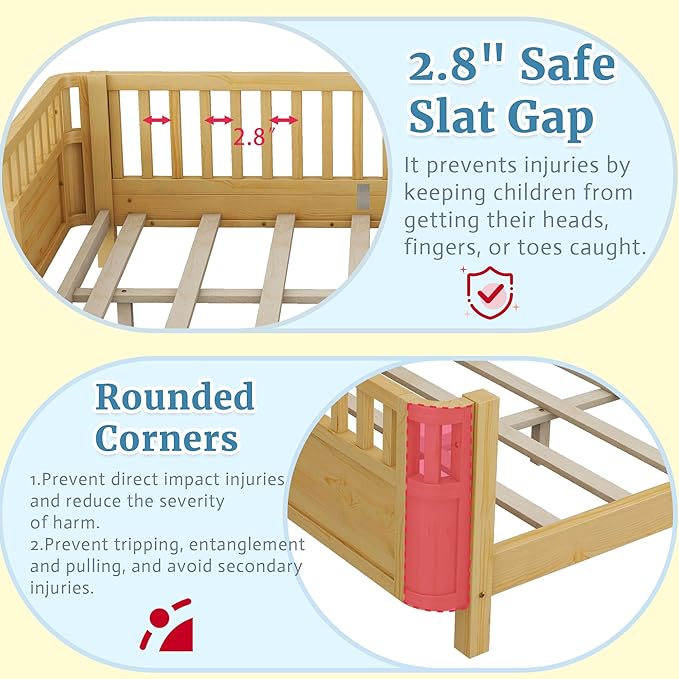 Full Kids Floor Bed Frame with Rails, Wood Low Montessori Platform Bed with Slats Support, Modern Daybed with Detachable Side Rails, Space Saving Kids Beds for Boys Girls Bedroom, Natural