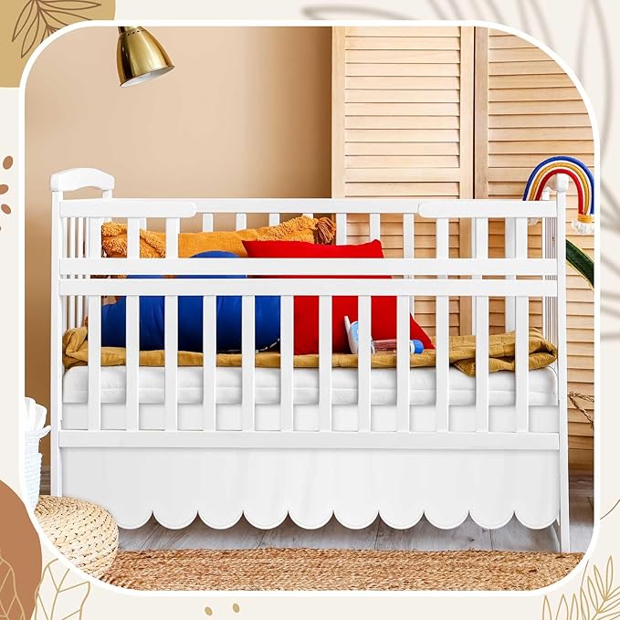 White Scalloped Crib Skirt 28"x 52" with 14" Drop Pleated Dust Ruffle with Split Corners for Baby Boys Girls Soft 4-Sided Crib Bed Skirt Nursery Standard Toddler Bedding