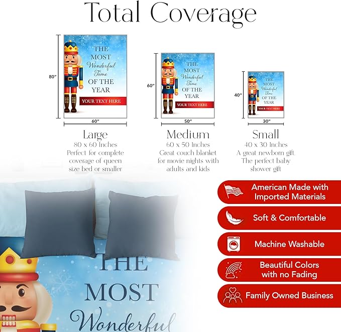 Personalized Nutcracker Christmas Blanket - Ships Next Day, Printed in USA - Plush Fleece Sofa Throw, Holiday Home Decor, Soft Christmas Bedding, Customizable Toddler to Adult Size (Fleece 60x80)