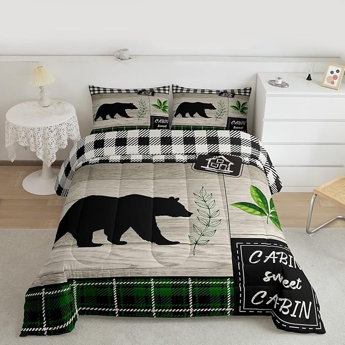 Bear Silhouette Kids Comforter Set Full Size,Leaves Wooden Plank Bedding,Girls Boys Adults Bedroom/Xmas Cabin Decor,Geometric Grids Retro Down Comforter,Rustic Farmhouse Duvet Insert,2 Pillowcases