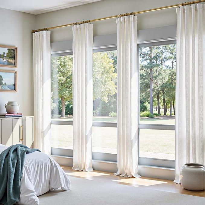 jinchan Linen Curtains 50W x 96L Inch Off White for Living Room Farmhouse Curtains Clip Rings Back Tab Rod Pocket Drapes 4-Panel Set