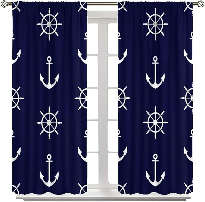 Nautical Rudder Curtains,MarineThemed Oceanic Anchor Pattern Blackout Print Home Bedroom Living Room Window Treatments 2 Panel Set 52x84 Inch