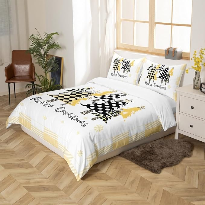 Manfei Xmas Tree Duvet Cover Set Twin Size, Yellow Plaid Grid Snowflake Comforter Cover with 1 Pillowcase, Christmas Theme Bedding Set for Kids Girls Room Decor New Year Bedspread Cover, No Comforter