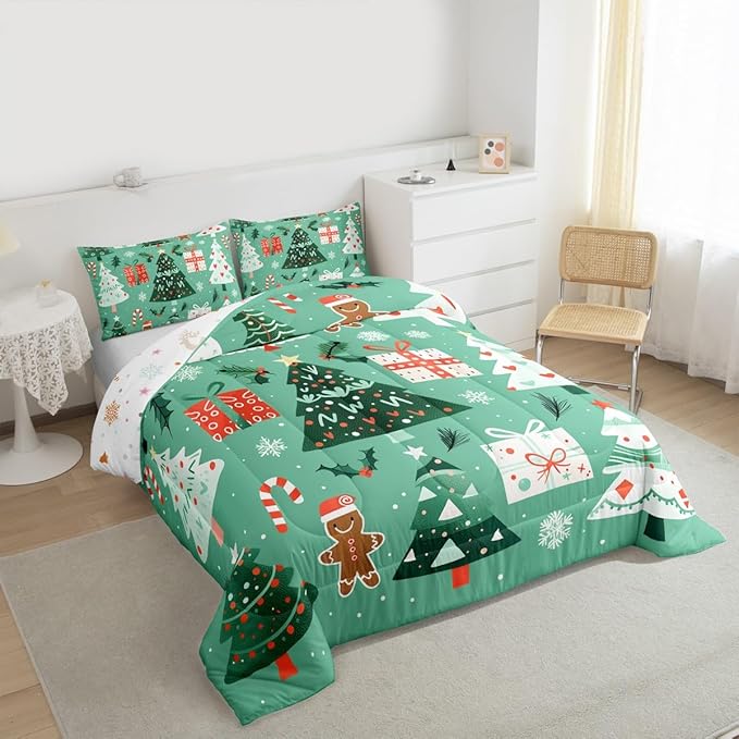 Feelyou Christmas Bedding Set Soft for Boys Girls, Xmas Tree Snowflake Comforter Set Queen Size Gingerbread Man Duvet Quilt Microfiber New Year Gift Bedroom Decor 3 Pcs with 2 Pillow Cases