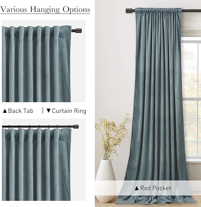 StangH 90 inches Velvet Curtains Stone Blue - Back Tab Light Blocking Super Soft Curtains for Kids/Nursery Light Blue Luxury Cozy Backdrops for Study Room/Office/Bedroom,W52 x L90