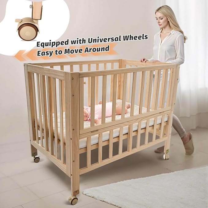 Folding Wood Bedside Bassinet - Portable 4-in-1 Baby Bassinet with Breathable Mattress,3 Heights Baby Crib with Wheels,Mini Crib for Infant Newborn and Small Space,Unpainted