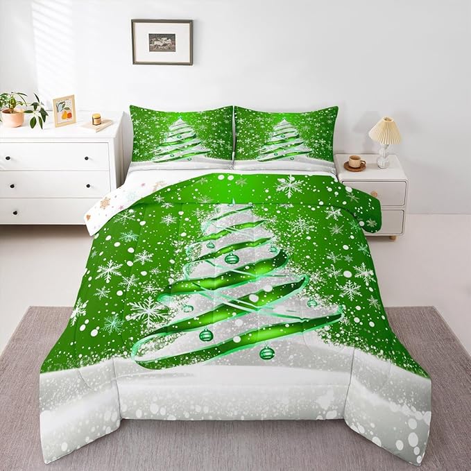 Feelyou Merry Christmas Comforter Set All Season Christmas Tree Bedding Set with 2 Pillow Cases Snowflake Microfiber Kids Queen Bedclothes Winter Bedroom Decor Duvet Quilt Breathable Soft