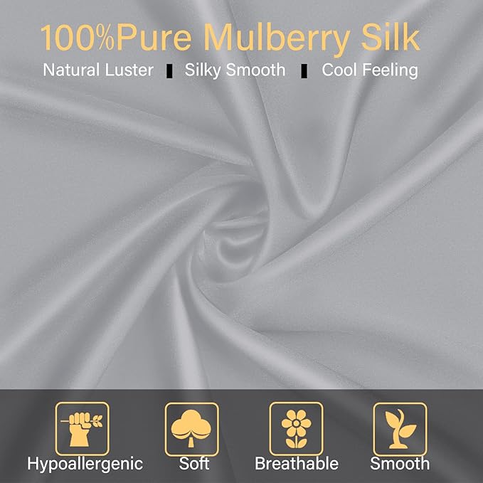 100% Mulberry Silk Pillowcase 2 Pack for Hair and Skin,with Hidden Zipper,Both Sides 22 Momme Natural Silk Pillow Cover,Soft Breathable & Smooth (Gray, Queen)
