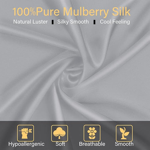 100% Mulberry Silk Pillowcase 2 Pack for Hair and Skin,with Hidden Zipper,Both Sides 22 Momme Natural Silk Pillow Cover,Soft Breathable & Smooth (Gray, Standard)