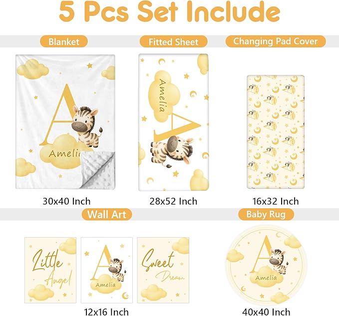 Personalized Baby Crib Bedding Set, 5 Pcs Custom Name Nursery Bedding Set, Yellow Zebra Baby Bedding Set for Girls Boys, Double Layer Crib Sets, Customized Gifts for Toddler Infant New Parents