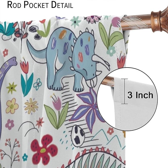Dinosaur Curtains Cartoon Cool Funny Dino Tropical Plant Leaves Flowers Aesthetics Art Print for Kids Boys Bedroom Living Room Rod Pocket Decoration Window Drapes 2 Panels W26xL84in