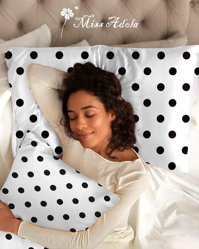 Silk Pillowcase 2 Pack - Cute Pillow Cases 20" x 26" Standard Size Set of 2 for Hair and Skin Smooth Soft Breathable with Hidden Zipper Cooling Pillow Covers for Sleeping, White Black dot
