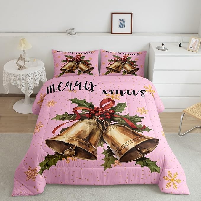 Erosebridal Merry Xmas King Kids Comforter Sets Christmas Bell Bedding Sets for Girls Happy New Year Theme Down Comforter for Boys Teens Snowflake Quilt Set,Pink