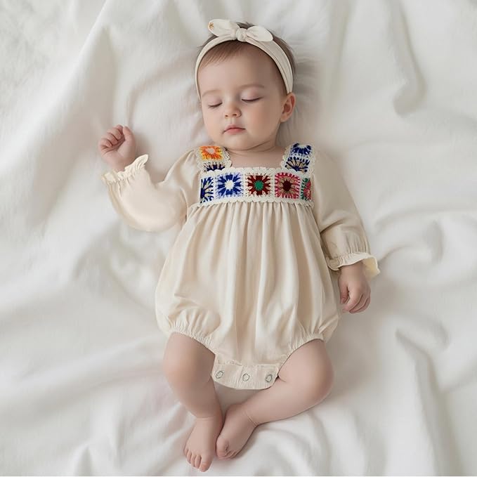 Gaono Newborn Baby Girl Smocked Bubble Romper Cute Boho Summer Clothes Ruffle Sleeveless Crochet Flower Vintage Bodysuit