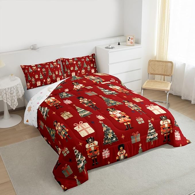 jejeloiu Xmas Nutcracker Comforter Set Full Size Christmas Red Bedding Set for Kids Boys Girls Cute Snowflakes Duvet Quilt Bedroom Decor