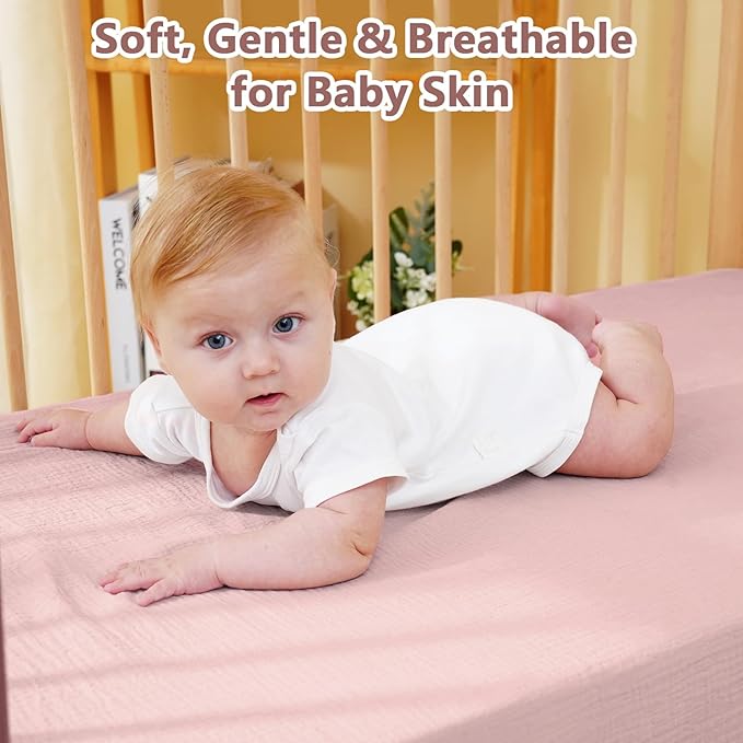 Muslin Crib Sheet – 100% Cotton Baby Fitted Sheet for Boys & Girls, Ultra Soft & Breathable, Snug Fit with 360° Elastic, Fits Standard Crib Mattress 28" x 52" & Toddler Beds.