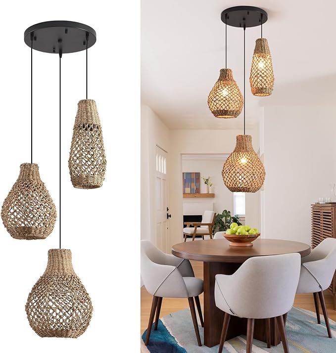 Rattan Pendant Light,3-Lights Hand Woven Chandelier,Boho Ceiling Hanging Light for Kitchen Island Dining Room, Bedroom Restaurant.