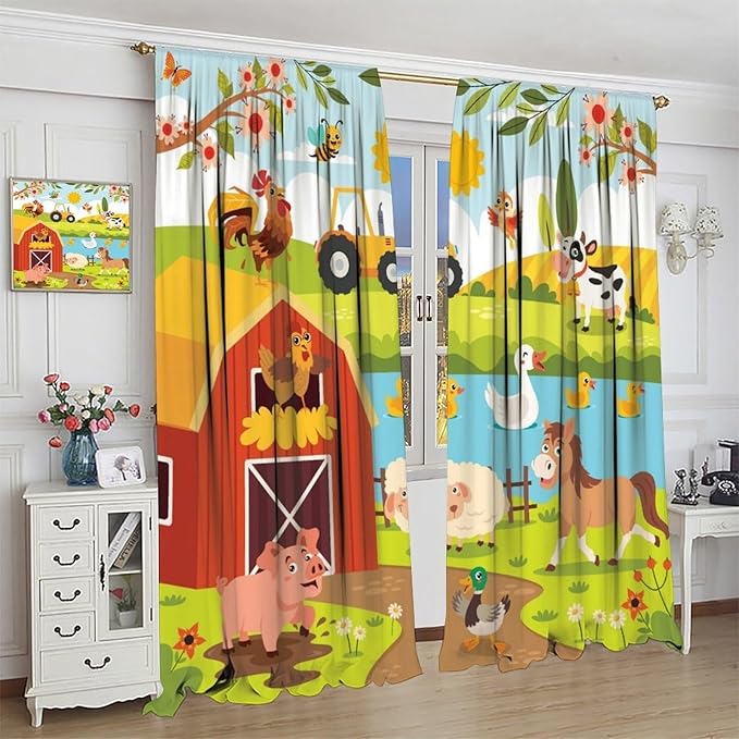 Farmhouse Curtains, Farm Scene Cartoon Animals Pattern Blackout Window Treatments, Rod Pocket Thermal Insulated Drapes 2 Panel Sets for Children Boys Bedroom Nursery Classroom, 84" W X 84" L