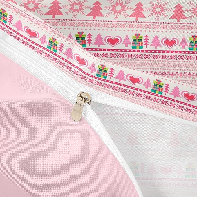 Christmas Comforter Cover Cartoon Santa Claus Snowman Bedding Set Pink Snowflake Christmas Tree Duvet Cover for Kids Boys Girls Microfiber Boho Stripes Bedspread Cover Room Decor Bedclothes King Size
