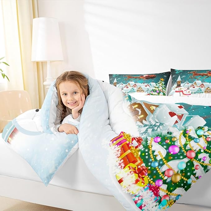 Manfei Christmas Comforter Set Full Size, Xmas Tree Snowman Bedding Set 3pcs for Kids Boys Girls Room Decor, Santa Claus with Reindeer Quilt Set New Year Theme Duvet Set with 2 Pillowcases