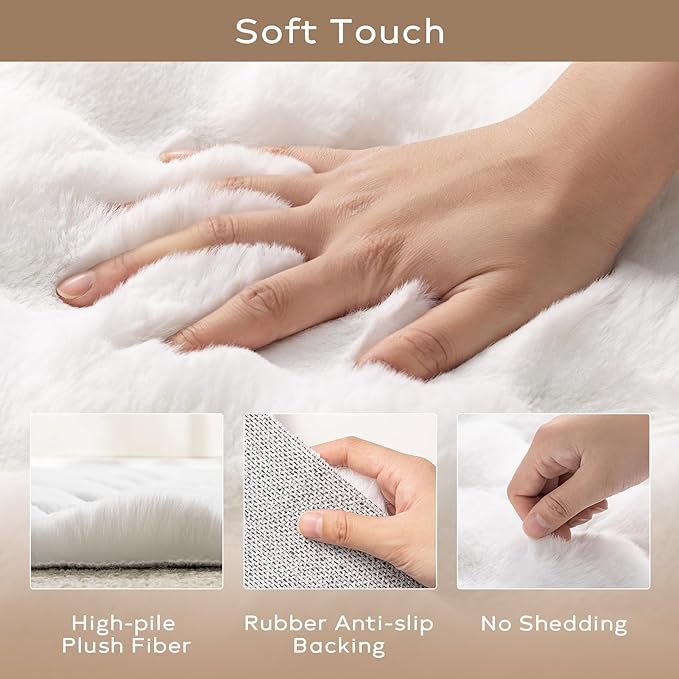 Ashler Faux Rabbit Fur Rug, White 2x6 FT Fluffy Soft Runner Area Rugs, Rectangle Fuzzy Carpet for Living Room, Bedroom, Machine Washable Shaggy Nursery - 3D Bubble Mat