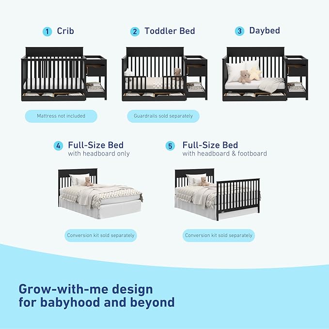Graco Shiloh 5-in-1 Convertible Crib & Changer with Drawer (Black) – GREENGUARD Gold Certified Baby Crib Crafted from Wood, Converts to Toddler Bed, Daybed, and Full-Size Bed