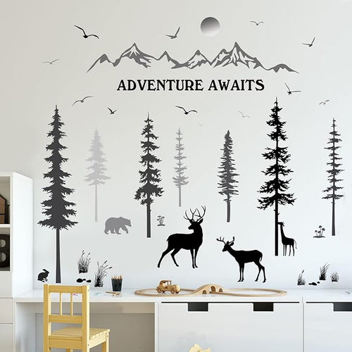 3 Sheets Woodland Nursery Wall Decals Forest Deers Wall Stickers Bears Pine Tree Home Decal Inspirational Quote Mountain Animal Sun Home Stickers DIY Wall Decals for Kids' Room