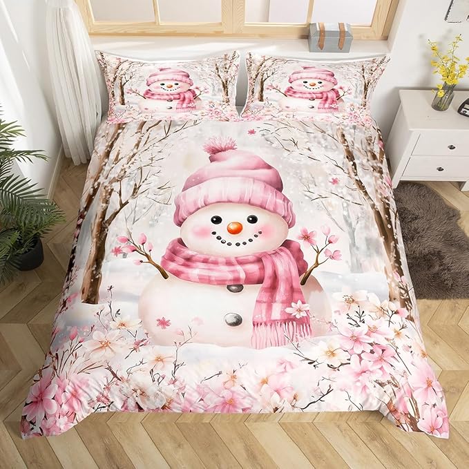 Manfei Christmas Kids Duvet Cover Set Queen Size, Cute Snowman Xmas Bedding Set for Boy Girls Room Decor, Pink Flower New Year Comforter Cover, Soft Polyester Quilt Cover, 2 Pillowcases, No Comforter