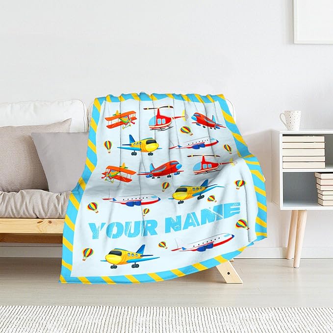 Personalized Cute Airplane Throws for Kids - 40" x 50" Inches Soft Cozy Throw Blanket Gift for Boys, Teens - Flannel Blankets for Crib, Couch, Sofa