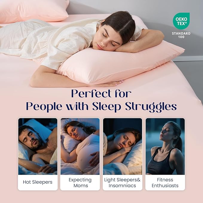 Dream Valley® Twin Sheets Set, Cooling Fitted Sheet with 1 Pillowcase-2 PCS with No Flat Sheet,Q-Max > 0.4 Aerocool, Cooling for Night Sweats, Hot Sleepers,deep Pocket up to 15",Pink Blush