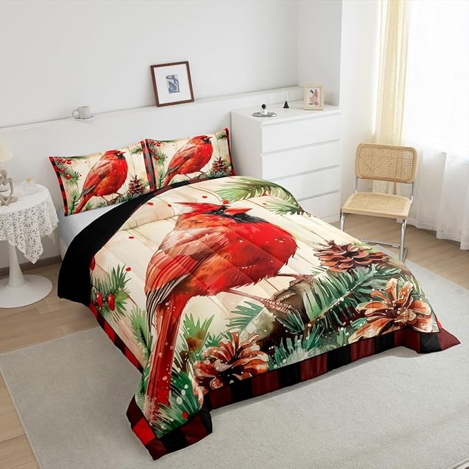 jejeloiu Kids Red Cardinal Comforter Set Twin Size Christmas Red Black Plaid Bedding Set for Boys Girls Teens Xmas Birds Winter Rustic Wood Plank Animal Duvet Quilt Room Decor