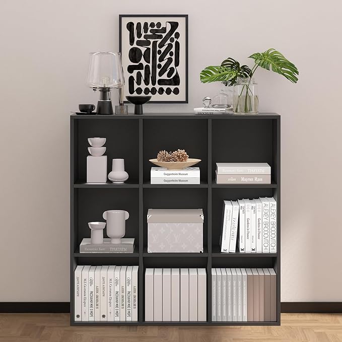 Wooden 9 Cube Storage Organizer with Closed Back Panel,Black Cube Shelf Heavy Duty Cubby Storage Organizer with Compartments for Living,Display Shelf,Bookshelf