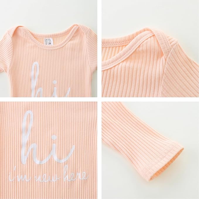 Baby Romper with Baby Mittens & Newborn Hats Footless Long Sleeve Solid Onesie Hi Im New Here