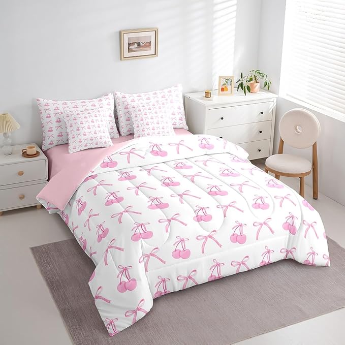 7 Pieces Cherry Bowknot Kid Comforter Set Twin,Pink Bow Tie Butterfly Knot Princess Bedding Set,Cartoon Bow Patchwork Dreamy Sweet（Comforter+Fitted+Flat Sheet+2 Pillowcases+2 Throw Pillow Covers）
