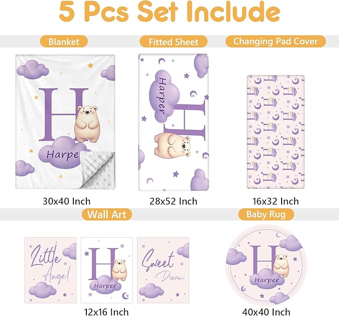 Custom Crib Bedding Set, 5 Pcs Personalized Nursery Bedding Sets with Name, Infant Bedding Set for Baby Girl Boy, Purple Polar Bear Double Layer Baby Crib Set, Toddlers Babies Customized Gifts