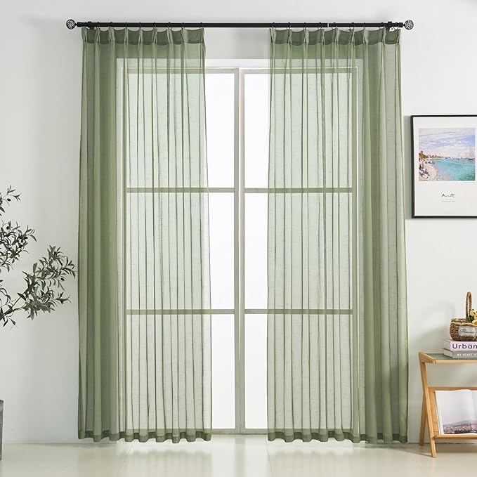 Sage Green Pinch Pleated Sheer Curtains 102 Inch Long, 50 Inches Width, Rustic Linen Look Light Filtering Drapes Decor, Thin Textured Transparent Window Curtain Panels Floor to Ceiling