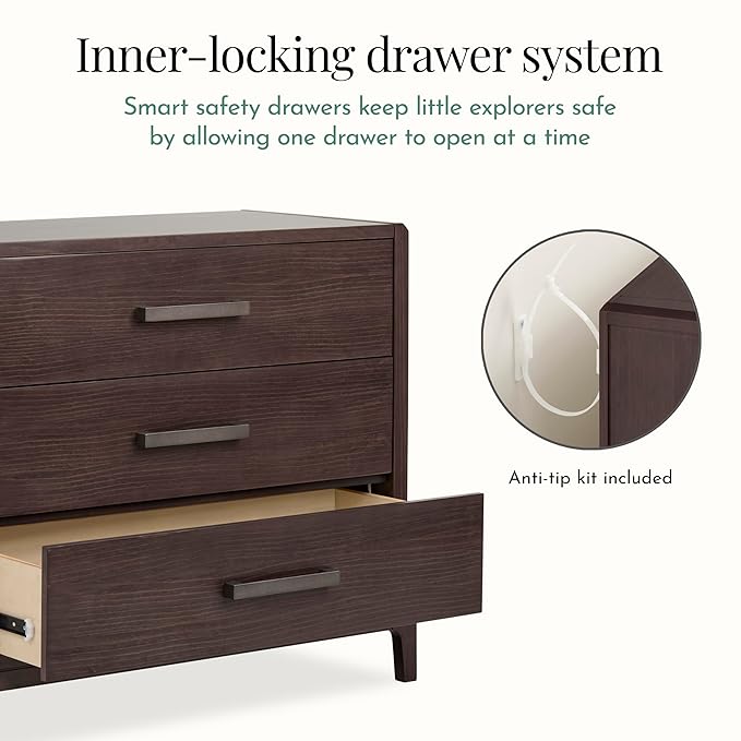 Evolur Atlas Nursery Dresser with Changing Tray | 3-Drawer Hardwood Chest for Baby Room | Roasted Chestnut