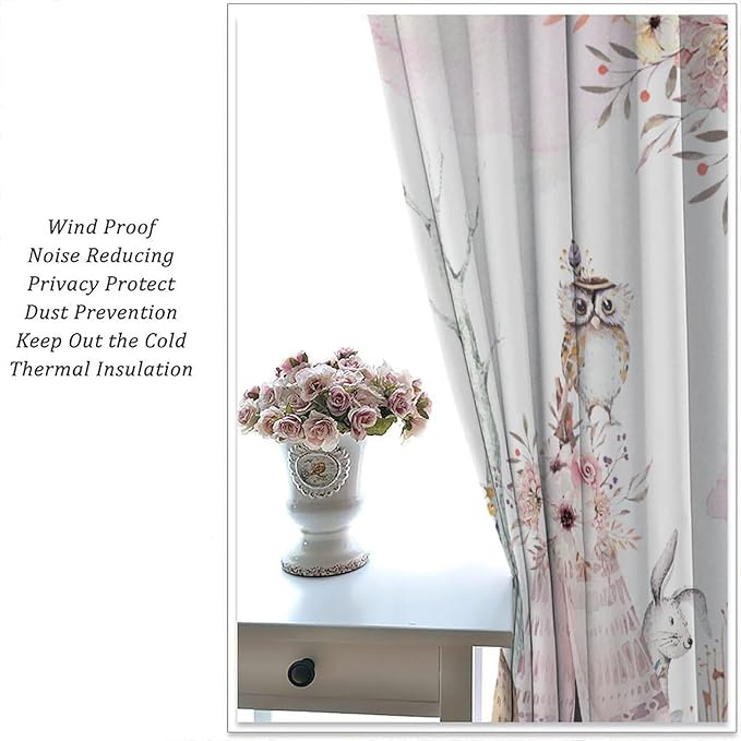 Forest Animal Curtains for Kids, Pink Watercolor Woodland Animal Window Treatments Fox Deer Owl Wildlife Safari Jungle Bear Window Drapes for Girls Nursery Toddler Bedroom 52x84in