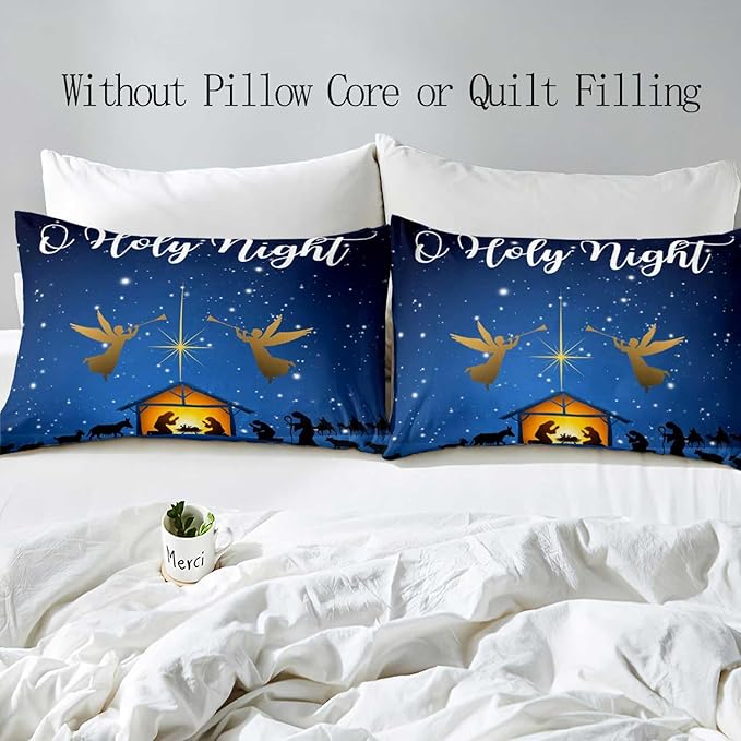 LUVIVIHOME 3PCS Christmas Duvet Cover Queen Bedding Sets, Navy Blue Duvet Cover, Galaxy Oh Holy Night Nativity Scene Angel Winter Holiday Xmas Christmas Comforter Cover, Bed in a Bag, 2 Pillow Cases