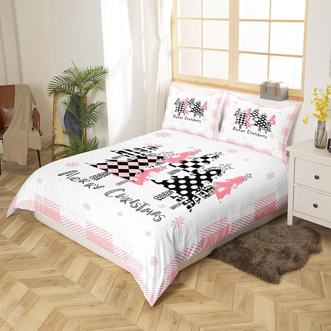 Merry Christmas Duvet Cover Set Twin Size, Pink Plaid Xmas Trees Bedding Set 2pcs, New Year Holiday Quilt Cover with Zipper Closures, Kids Girls Santa Claus Room Decor, 1 Pillowcase, No Comforter