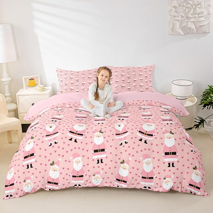 Feelyou Christmas Bedding Set for Kids Boys Girls Cute Santa Claus Comforter Cover Set Cartoon Xmas Theme Duvet Cover Bedroom Decor Pink Dreamy Heart Bedspread Cover Toddler Bedding Collection 2Pcs