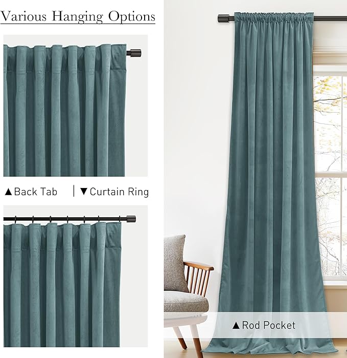 StangH Dark Slate Velvet Curtains Ideal Room Darkening Drapes for Bedroom, Living Room & Home Theater, Thermal Insulated Window Treatment with Rod Pocket & Back Tab Design, 52x108 Inches, 2 Panels.