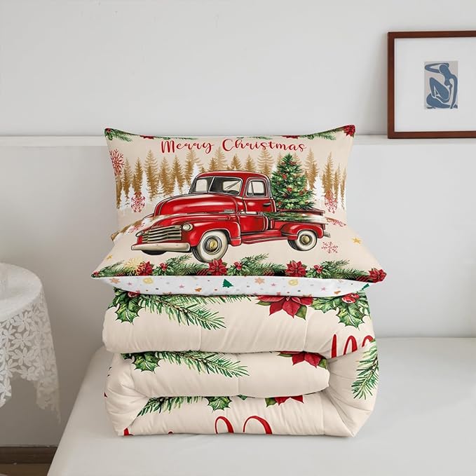 Erosebridal Merry Christmas Full Bedding Set Red Truck Comforter Sets for Kids Boys Girls Teens Room Decor,Xmas Tree Down Comforter Red Black Buffalo Plaid Decor Bed Set Car Printed Themed Quilt Set