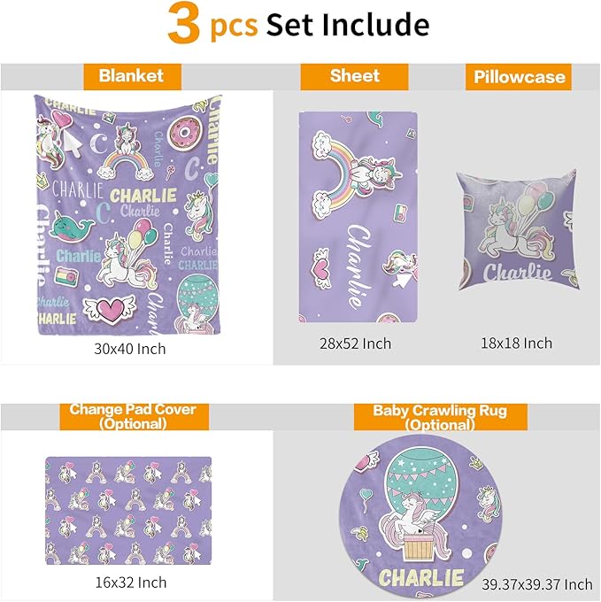 Custom Crib Bedding Set - Magical Horse Design Personalized Name Baby Nursery Bedding 3 Pcs Set - Chic Soft Blanket, Sheet, Pillowcase for Newborns Boys Girls Gifts Color17