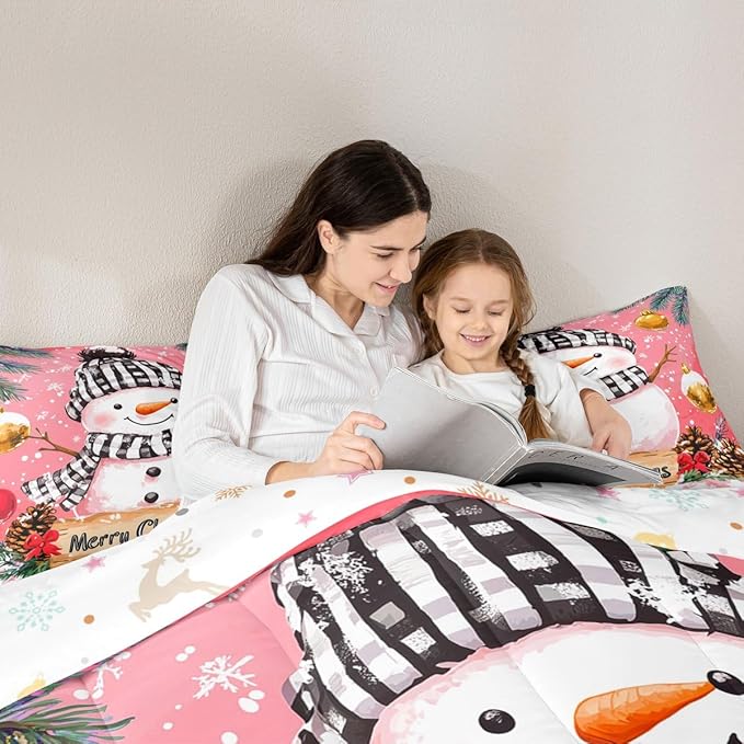 Feelyou Merry Christmas Kids Comforter Set Queen Size Cute Snowman Bedding Set Snowflake Duvet Quilt for Kids Boys Girls Bedroom Winter Decor Microfiber Ultra Soft Breathable