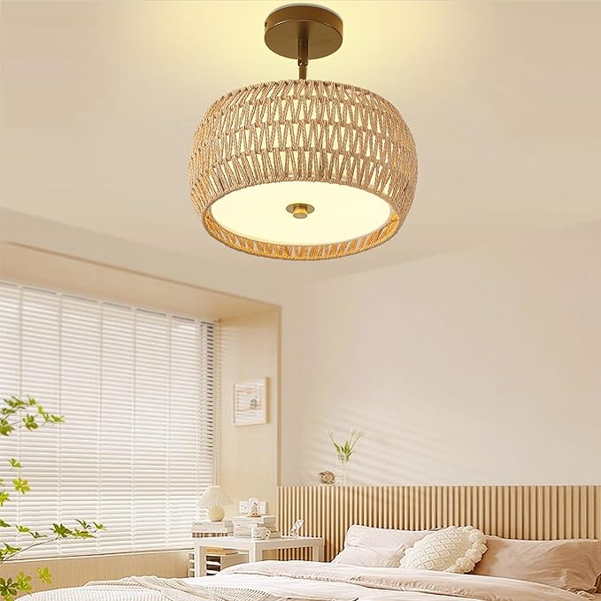 Rattan Pendant Light Kitchen Island,12.8" Hand-woven Modern Semi Flush Mount Ceiling Light Fixture,Boho Woven Lamp Shade Chandelier,Adjustable Farmhouse Hanging Light for Bedroom Bar Hallway